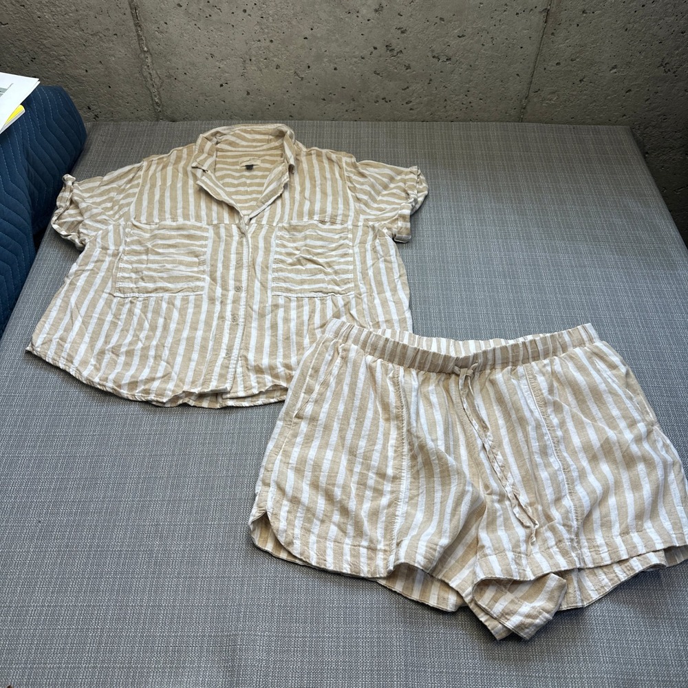 Coastal Linen Blend Stripe Short Set XXL Beige Resort Summer Lounge Neutral